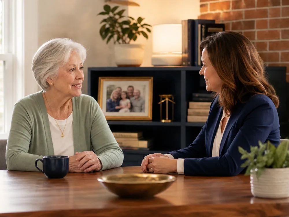 A kind specialist listening to an older woman in a bright home office