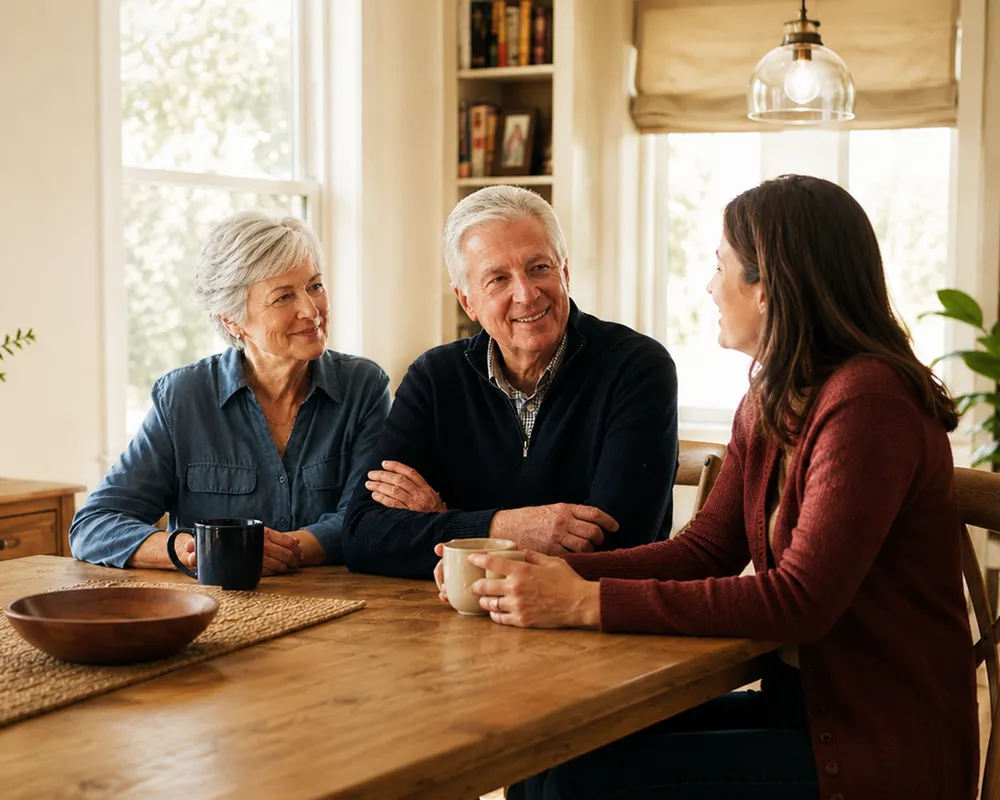 An older couple sharing a relaxed moment with their adult daughter